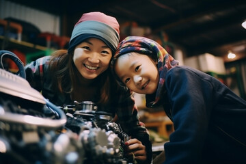 Fototapeta premium Mother and Daughter Bonding in a Workshop 
