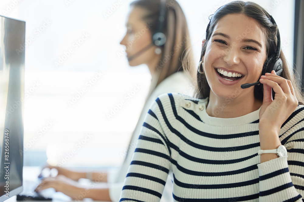 Poster Call center, portrait and woman with headset in office for communication, customer support or service. Contact us, CRM and friendly consultant at desk for counselling, immigration aid or legal advice