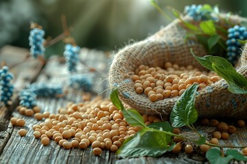 Obraz premium A bag of soybeans is sitting on a wooden table with some leaves