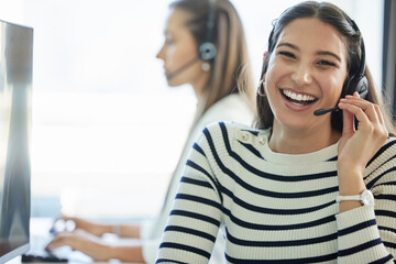 Call center, portrait and woman with headset in office for communication, customer support or...