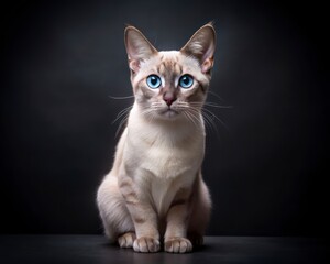 Tonkinese breed cat sitting isolated on dark smoky background looking at camera.