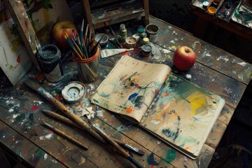 A rustic wooden table overflowing with colorful art supplies: paint brushes, tubes of paint, open sketchbooks, and a half-eaten apple.