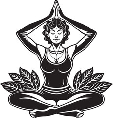 girls yoga lotus position black and white illustration