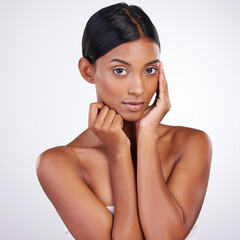 Portrait, skincare and face of woman in studio for wellness or dermatology with glow or shine....