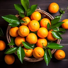 Top-View Basket of Freshly Picked Organic Tangerines with Leaves, Organic Oranges with Leaves, 