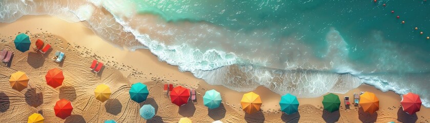 Obraz premium Aerial view of colorful umbrellas on a sandy beach with turquoise water.