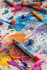 A brightly colored children's table covered in splatters of paint and strewn with crayons, markers, and half-finished drawings.