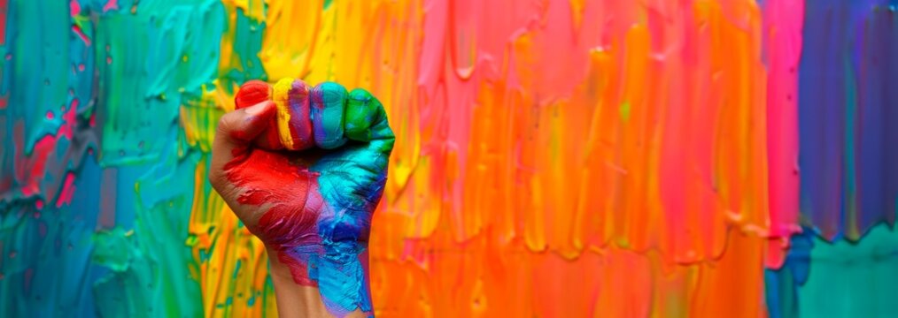 A colorful hand with a painted fist, with a colorful rainbow background , pride month, LGBT pride symbol ,copy space  - Powered by Adobe