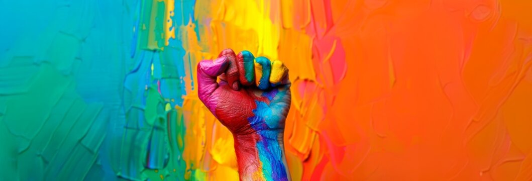  A colorful hand with a painted fist, with a colorful rainbow background , pride month, LGBT pride symbol ,copy space 