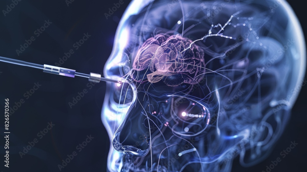 Poster 3D rendering of a human head with a needle inserted into it, illustrating a medical procedure or neural implantation.