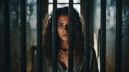 Fototapeta premium A Woman's Glimpse Through Prison Bars, Revealing Isolation and Distress