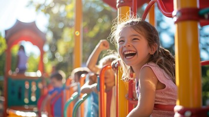 A young girl is smiling and laughing while sitting on a playground