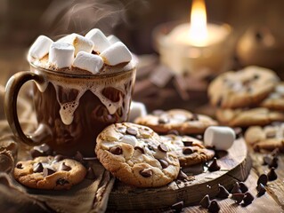 Cup of hot chocolate with marshmallows and chocolate chip cookies on a wooden table.