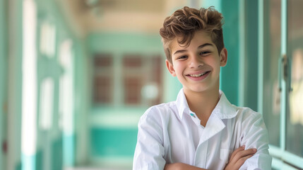 Teenage boy smile. School corridor. Happiness and beauty