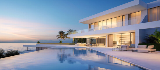 modern white mansionon the beach with pool and large windows design concept