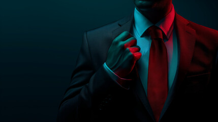 Man Adjusting Red Tie in Dramatic Lighting