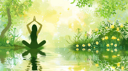 Back view of a beautiful woman sits in the lotus position and practices meditation in green nature. Mental health concept. International Yoga Day. Copy space.