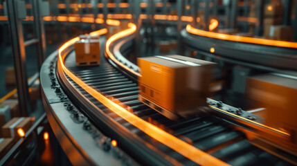 cardboard boxes moving along a conveyor belt in a busy warehouse center, efficiency of logistics and distribution processes.
