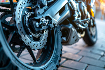 A closeup of a rear motorcycle wheel
