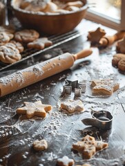 A baker's table covered in flour, showcasing a rolling pin, a bowl of dough, cookie cutters in various shapes, and a cooling rack with freshly baked cookies.