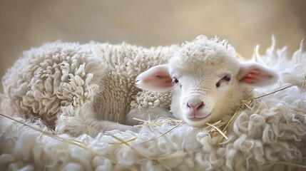Fluffy baby lamb resting peacefully on a soft white bed of hay, radiating warmth and tranquility. - Powered by Adobe