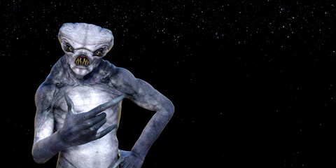 Illustration of an alien monster making a gesture with one hand against a night background.