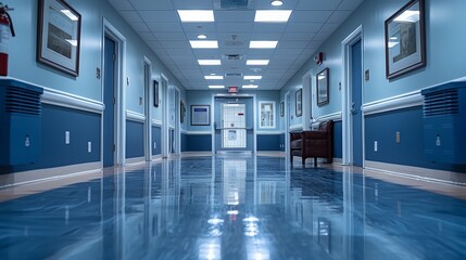 A hallway with blue walls stretches into the distance, featuring a piano in the foreground.