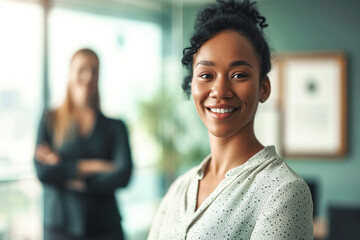 Fototapeta premium Smiling business man and woman of different races indoors