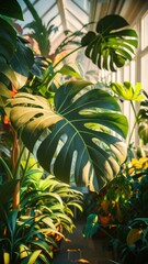 The leaves of the Monstera Deliciosa plant. A large, sunny greenhouse.