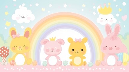 Obraz premium A group of cartoon rabbits are sitting on a rainbow