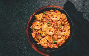 Jambalaya, Creole dish, American pilaf, rice with chicken and shrimp, vegetables, homemade, no people,