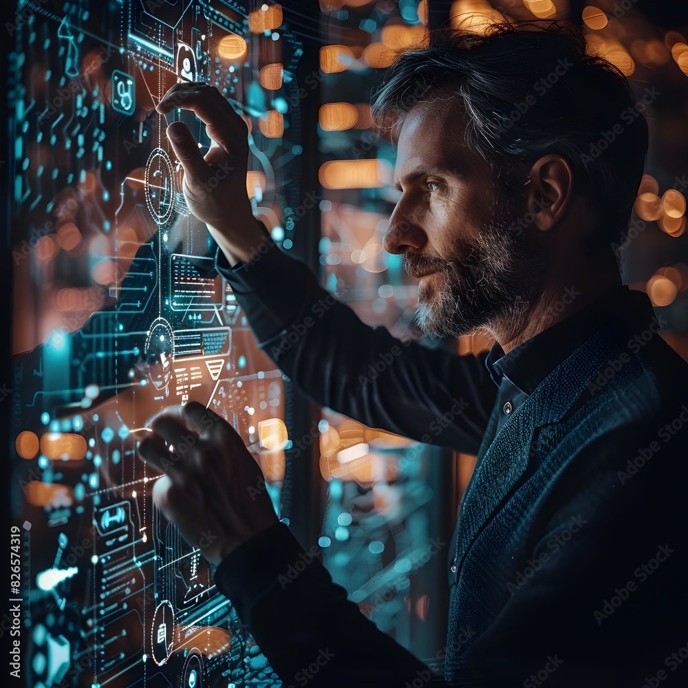 Aufkleber leader interacting with futuristic transparent screen displaying advanced data visualizations and gr