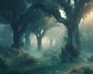 Fototapeta premium Transport viewers to a mystical forest with towering ancient trees
