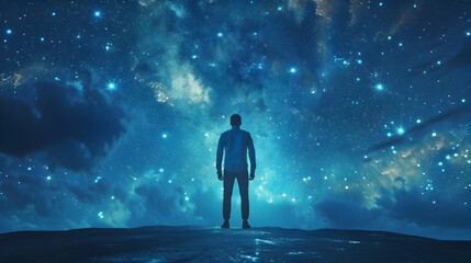Solitary Figure Gazing at Breathtaking Starry Sky Embodying Visionary Leadership and Boundless Possibilities