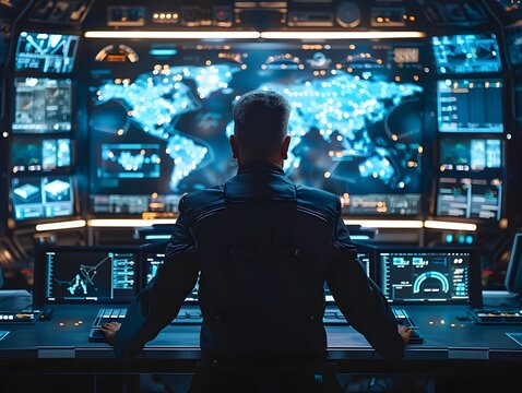 Leader Commanding a High Tech in a Futuristic Digital Command Center