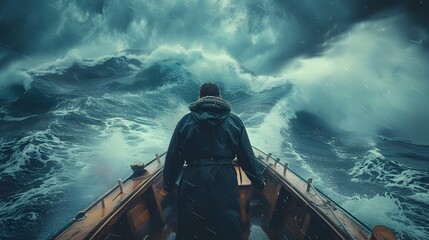 Resilient Captain Steering Ship Through Stormy Seas Depicting Leadership and Determination