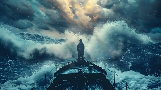 Resilient Leader Steering Ship Through Stormy Seas Representing Courage and Direction in Challenging Times