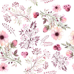 watercolor seamless pattern of wildflowers on a white background
