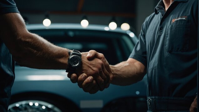 Professional Mechanics Shaking Hands in Automotive Workshop