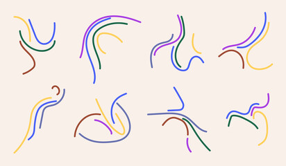 A set of vector hand-drawn curved colored lines of different shapes and directions.