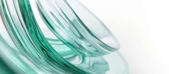 Blue, green wave shape made of textured glass, glass shape in motion weaving and swirling artistic softly on pale grey, white background. Abstract backdrop for business, industry, research and luxury.