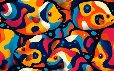 A vibrant, abstract pattern featuring colorful fish in shades of blue, orange, yellow, and red.