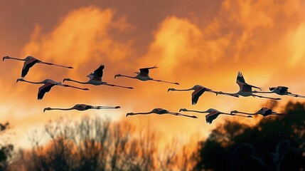   A group of birds soaring through the sky, surrounded by trees in the foreground and a hazy sky above
