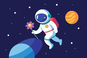   Stylized astronaut in white space suit holding a pink flower. He is floating in space with a large planet and stars in the background. The scene is played out against a dark blue background