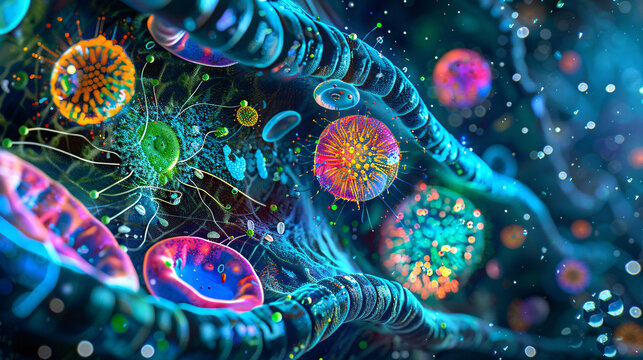 Microscopic view of plant cell organelles, including the endoplasmic reticulum and Golgi apparatus involved in protein synthesis and transport