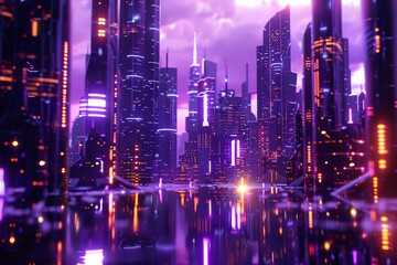 Obraz premium Infuse a sense of mystery and awe into a surreal urban landscape bathed in purple neon lights