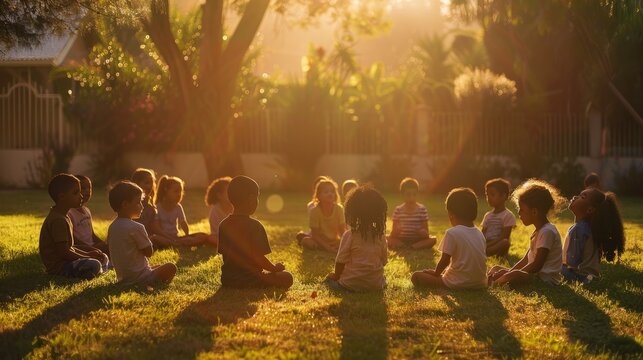 A photo of children in a prayer circle outside their school, lit by the morning sun, emphasizing unity and faith. , natural light, soft shadows, with copy space