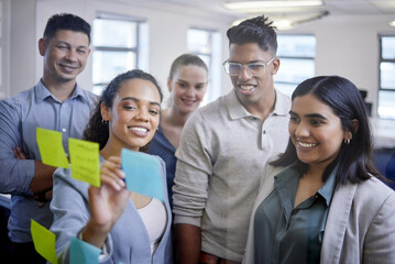 Group, business people and diversity for planning in collaboration, sticky notes and teamwork at...