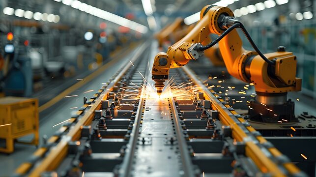 Automated robots welding car frames in an automotive manufacturing plant, highlighting advancements in industrial automation List of Art Media Photograph inspired by Spring magazine