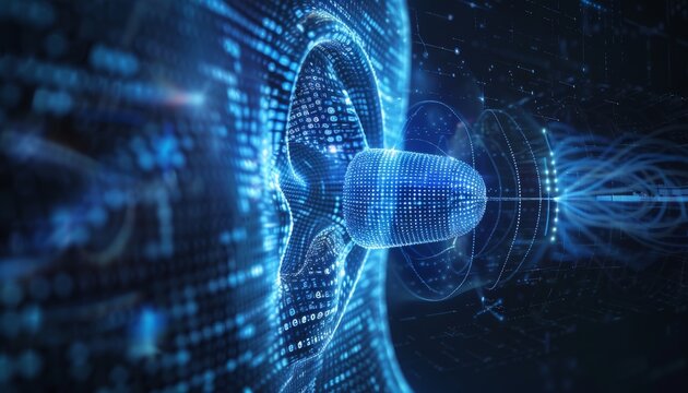 Produce a futuristic, sleek CG 3D visualization of a human ear morphing into a microphone symbolizing voice and speech recognition technology Make it dynamic yet elegant